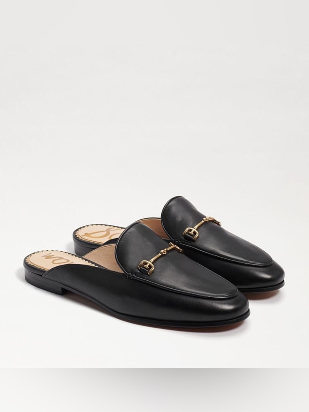 Black Leather Slip-On Mule Loafers with Gold Detail